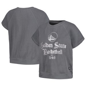 The Wild Collective Golden State Warriors Women's Gray Embroidered Fleece Classy Raglan Short Sleeve Pullover Sweatshirt Sports enthusiasts