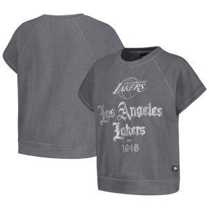 The Wild Collective Los Angeles Unique Lakers Women's Gray Embroidered Fleece Raglan Short Sleeve Pullover Sweatshirt Authentic look! Wear this genuine jersey.