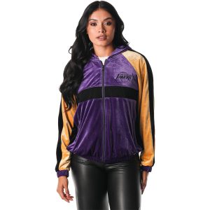 The Wild Collective Los Angeles Lakers Women's Purple Top - notch Velour Full Zip Track Jacket Hoodie For the true fans! Secure this authentic jersey now.