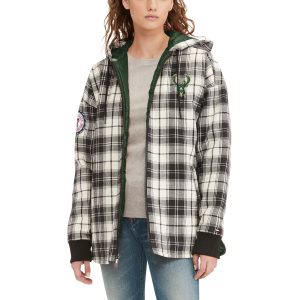 Tommy Jeans Milwaukee Bucks Women's Black/Cream Molly Flannel Full Zip Refined Hoodie High - demand item! Order this sought - after jersey immediately.